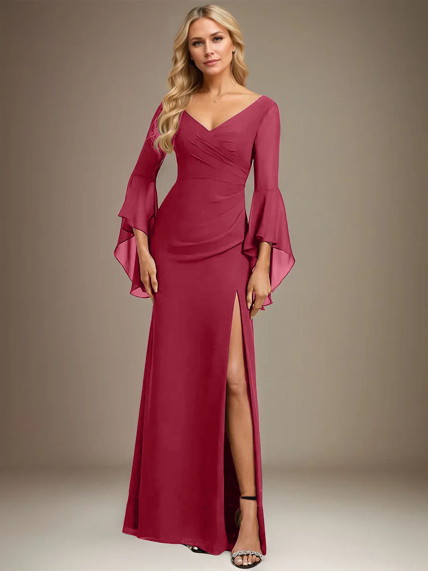 Column V-Neck Floor-Length Chiffon Dress With Pleated