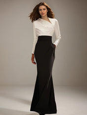 Black&White Evening Formal Dress V Neck Floor-Length Fitted Satin Dress