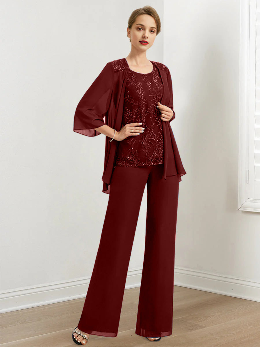 Chiffon Mother of the Bride Pantsuits with Sequins & Jacket
