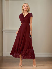 A Line V Neck Flutter Sleeve Ankle Length Chiffon Dress With Appliques