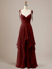 Elegant Dusty Blue A Line Spaghetti Straps Chiffon Long Bridesmaid Dress with Ruffles