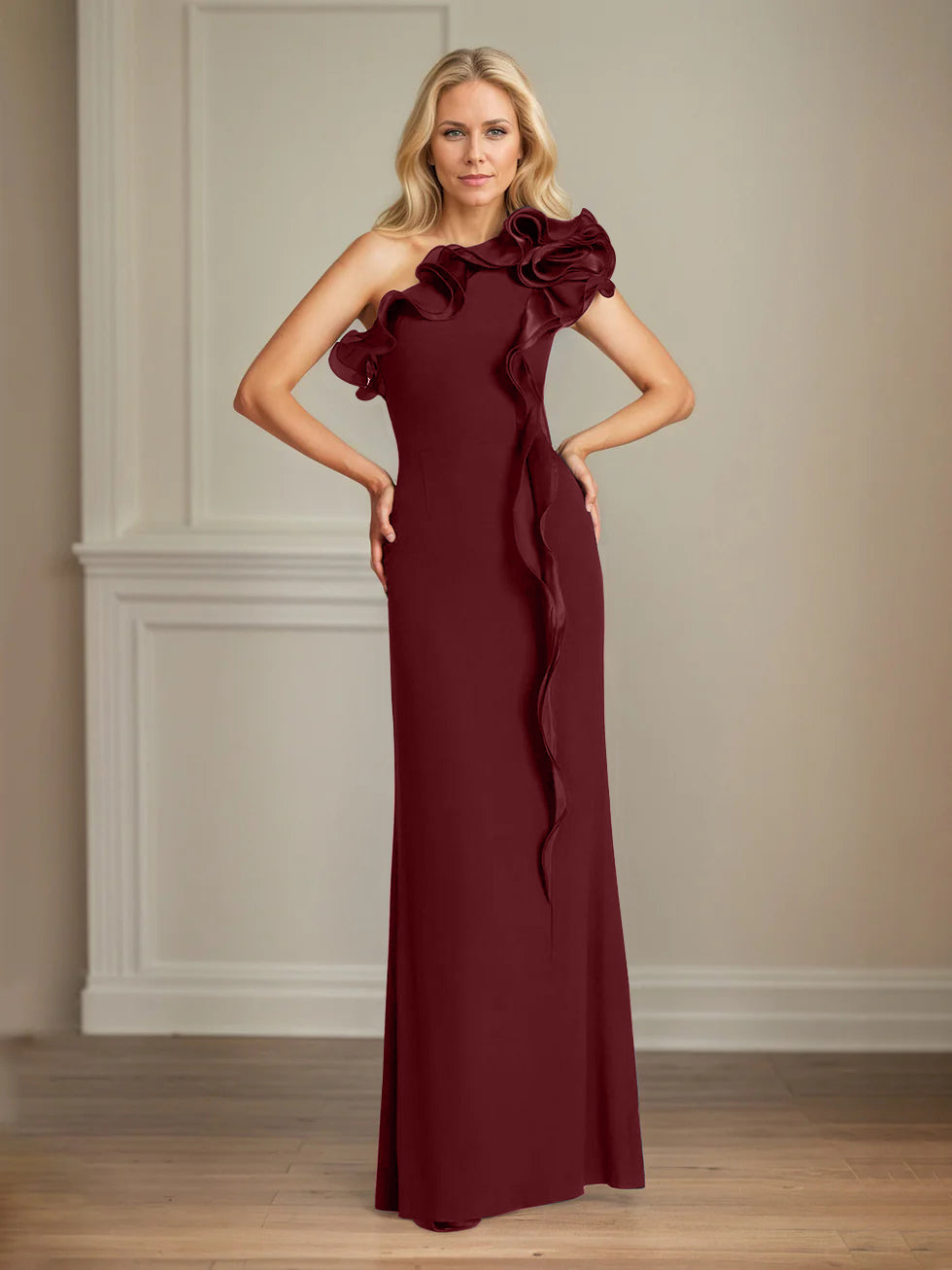 Column One Shoulder Floor Length Mother of the Bride Dresses With Ruffles