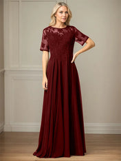A Line Chiffon Scoop Neck Short Sleeves Floor Length Mother of the Bride Dresses