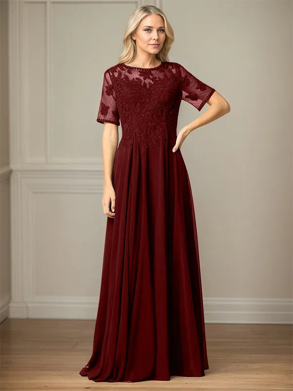 A Line Chiffon Scoop Neck Short Sleeves Floor Length Mother of the Bride Dresses