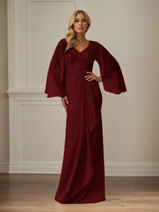 Sheath/Column Chiffon V Neck Long Sleeves Floor Length Mother of the Bride Dresses With Appliques