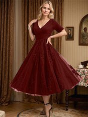 A-line V-Neck Tea-Length Tulle Lace Mother of the Bride Dress With Pleated