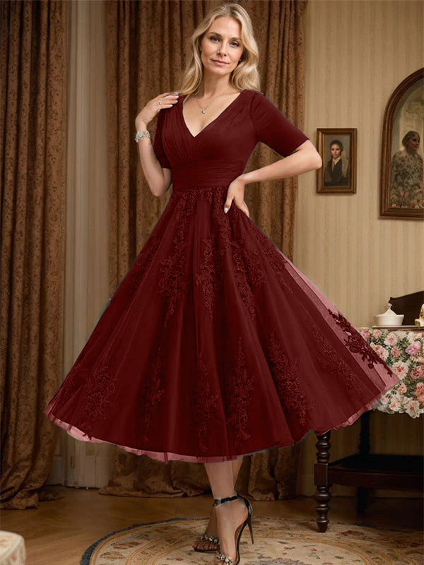 A-line V-Neck Tea-Length Tulle Lace Mother of the Bride Dress With Pleated
