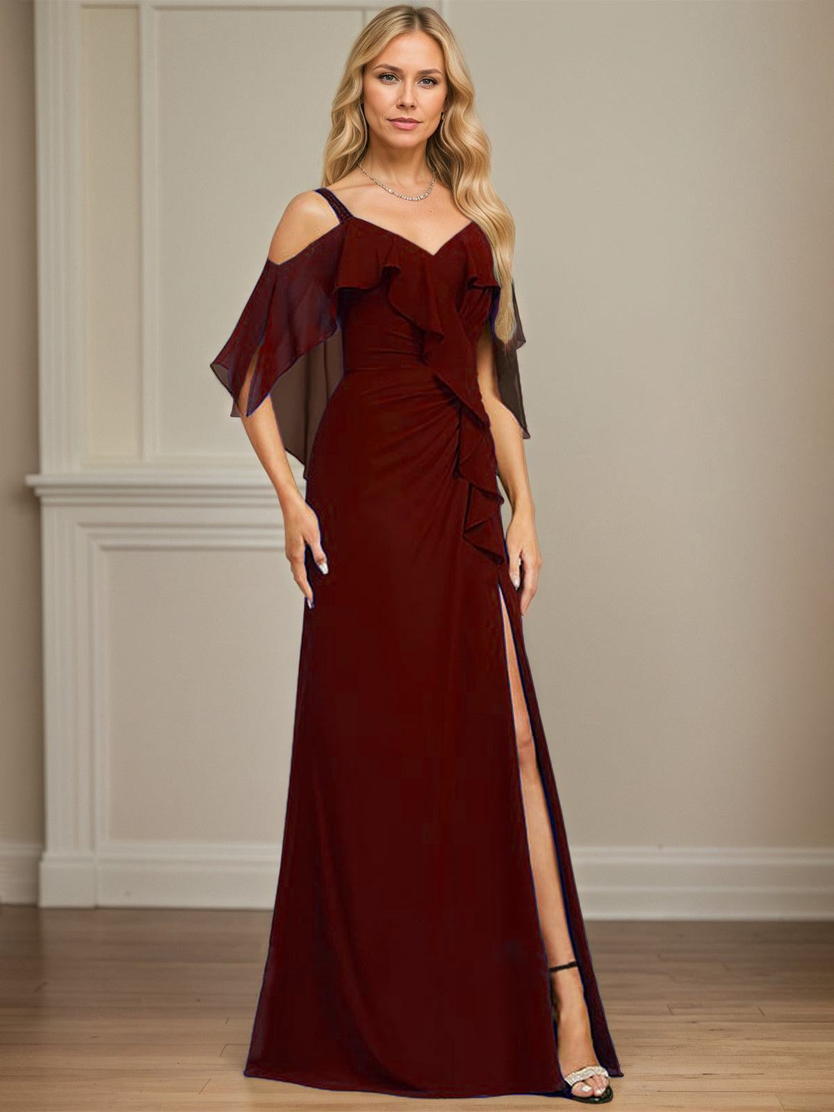 Sheath/Column Cold Shoulder V-Neck Floor-Length Chiffon Dress With Cascading Ruffles Sequins Beading