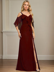 Sheath/Column Cold Shoulder V-Neck Floor-Length Chiffon Dress With Cascading Ruffles Sequins Beading