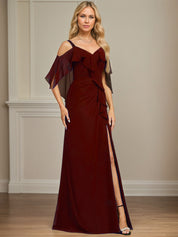 Sheath/Column Cold Shoulder V-Neck Floor-Length Chiffon Dress With Cascading Ruffles Sequins Beading