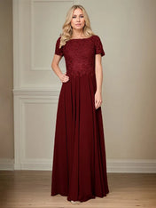 A Line Chiffon Boat Neck Short Sleeves Floor Length Pleated Mother of the Bride Dresses