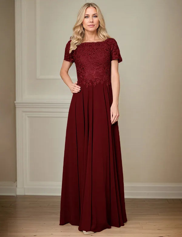 A Line Chiffon Boat Neck Short Sleeves Floor Length Pleated Mother of the Bride Dresses