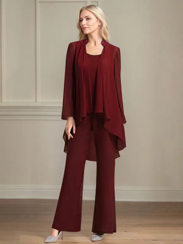 Chiffon Scoop Neck Long Sleeves Floor Length Mother Of The Bride Pantsuits