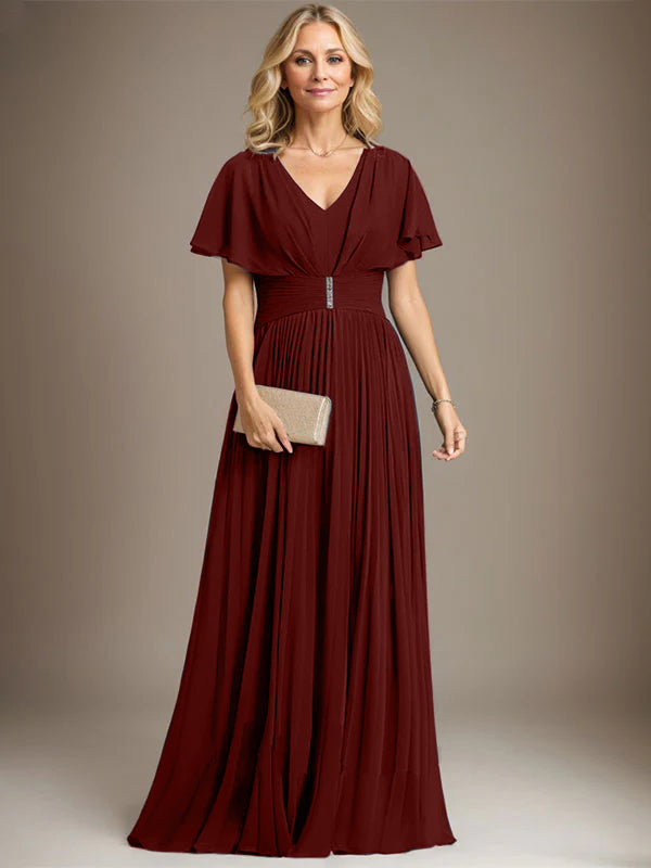 A-line V-Neck Floor-Length Chiffon Mother of the Bride Dress With Crystal Brooch Pleated