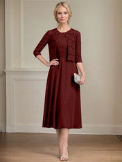 A-line Scoop Tea-Length Chiffon Mother of the Bride Dress With Pleated