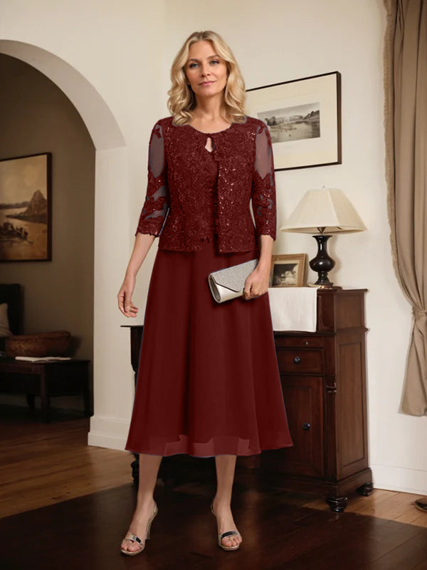 A-line Scoop Tea-Length Lace Chiffon Mother of the Bride Dress With Sequins