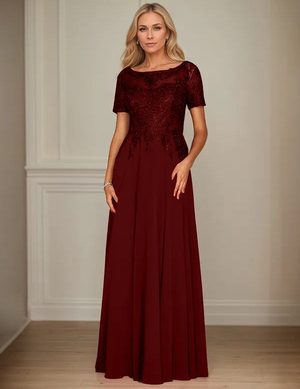 A Line Chiffon Boat Neck Short Sleeves Floor Length Mother of the Bride Dresses