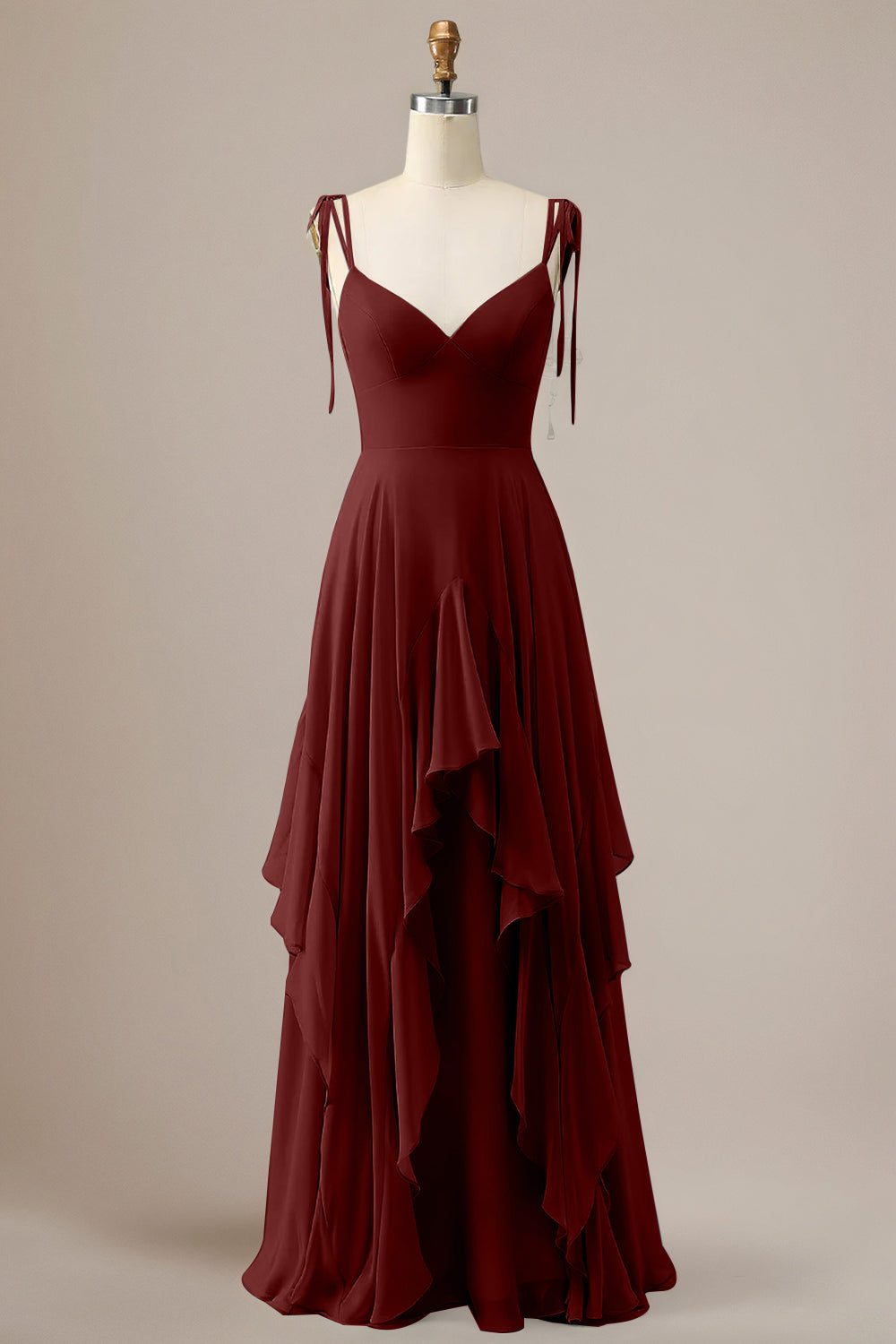 Elegant Dusty Blue A Line Spaghetti Straps Chiffon Long Bridesmaid Dress with Ruffles