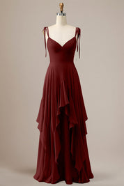 Elegant Dusty Blue A Line Spaghetti Straps Chiffon Long Bridesmaid Dress with Ruffles