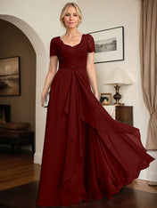 A-line Sweetheart Floor-Length Chiffon Lace Mother of the Bride Dress With Beading Cascading Ruffles