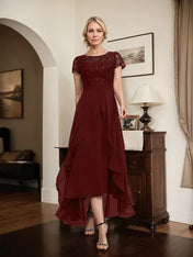 Dreamylily A-line Scoop Illusion Asymmetrical Chiffon Lace Mother of the Bride Dress With Bow Ruffle Sequins Dreamylily A-line Scoop Illusion Asymmetrical Chiffon Lace Mother of the Bride Dress With Bow Ruffle Sequins