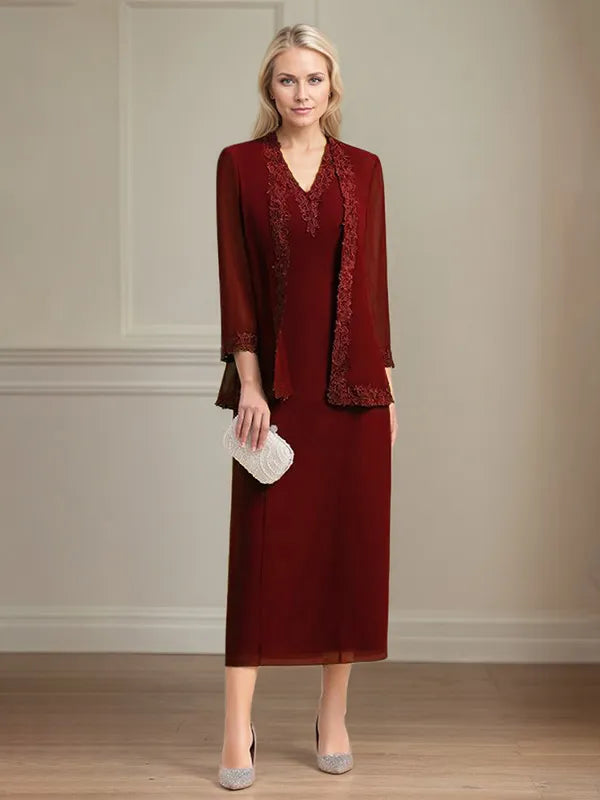 4 Sleeves Tea Length Mother Of The Bride Dress