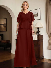 A-line V-Neck Floor-Length Chiffon Mother of the Bride Dress With Pleated Beading