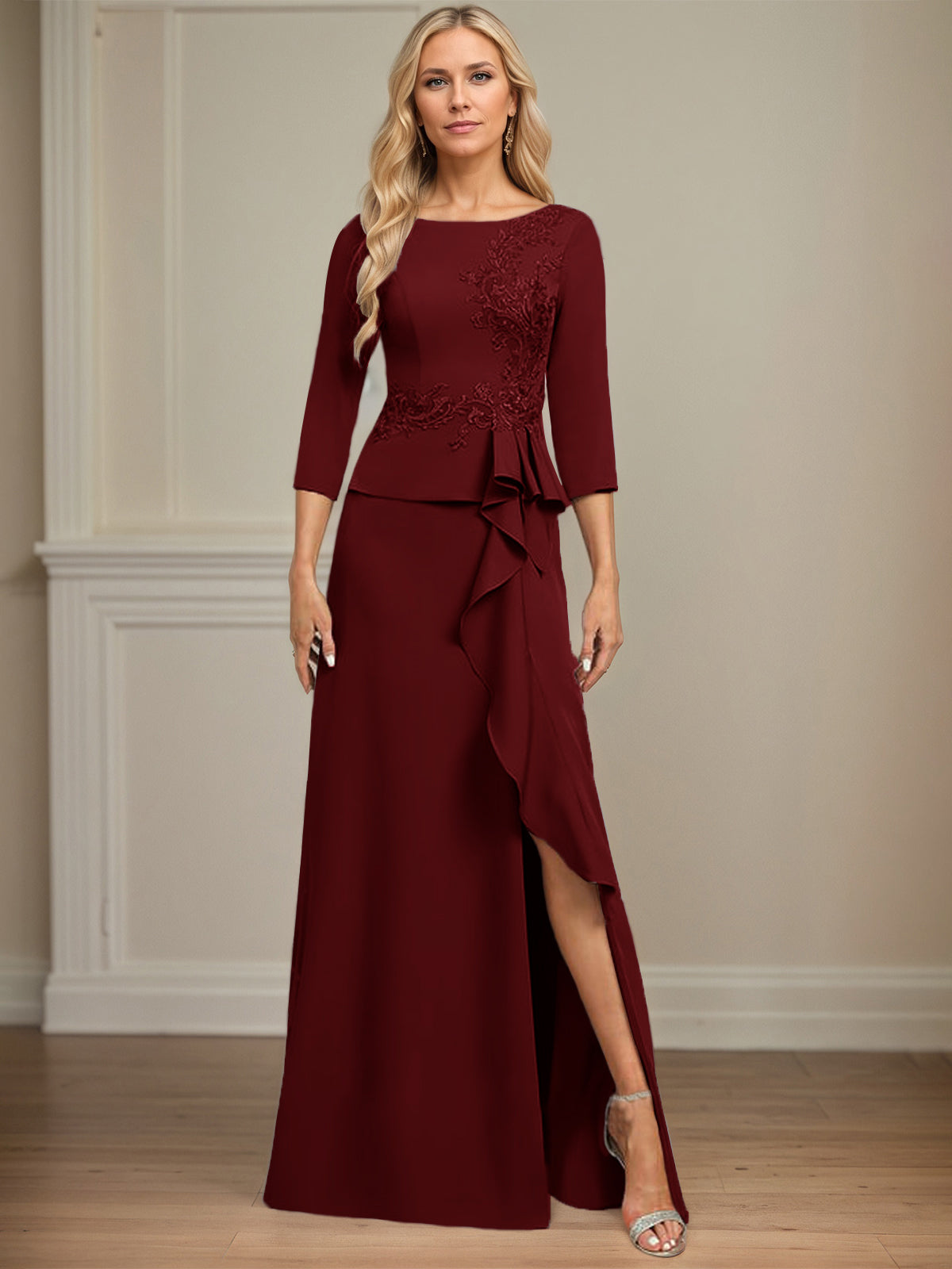 Column Scoop Floor-Length Stretch Crepe Dress With Cascading Ruffles Appliques