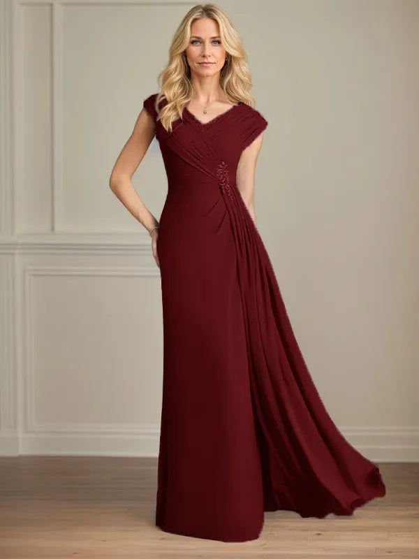 Column Chiffon V Neck Sleeveless Floor Length Mother of the Bride Dresses