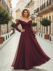Cabernet A Line Chiffon Long Mother of the Bride Dress with Sleeves