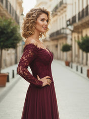 Cabernet A Line Chiffon Long Mother of the Bride Dress with Sleeves