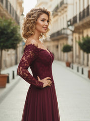 Cabernet A Line Chiffon Long Mother of the Bride Dress with Sleeves