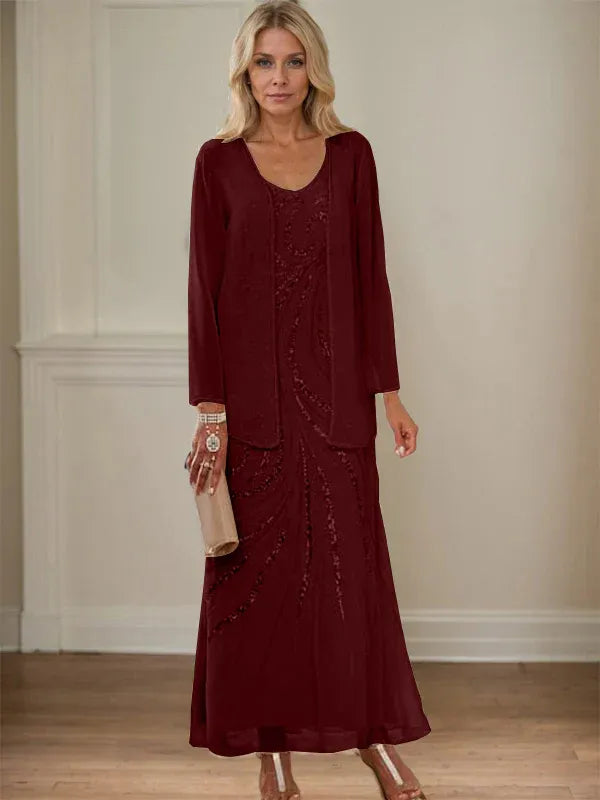 Robe de mère de la mariée fourreau/colonne, col en V, longueur cheville, avec veste et paillettes 