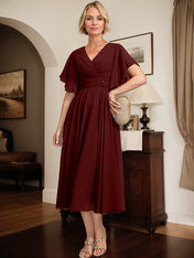 A-line V-Neck Tea-Length Chiffon Mother of the Bride Dress With Pleated Beading