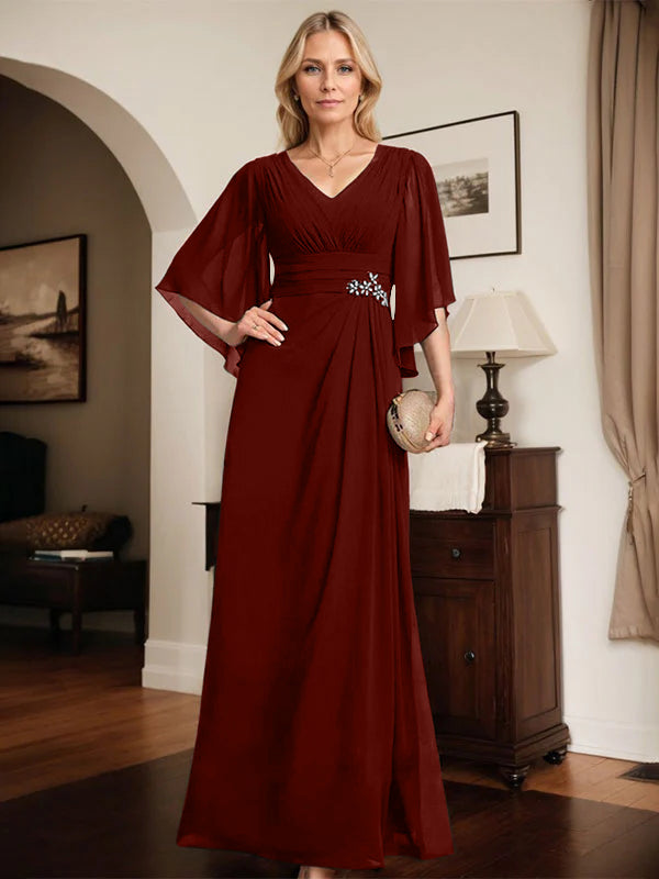 Robe de mère de la mariée fourreau/colonne, col en V, longueur au sol, en mousseline, avec paillettes plissées et perles 