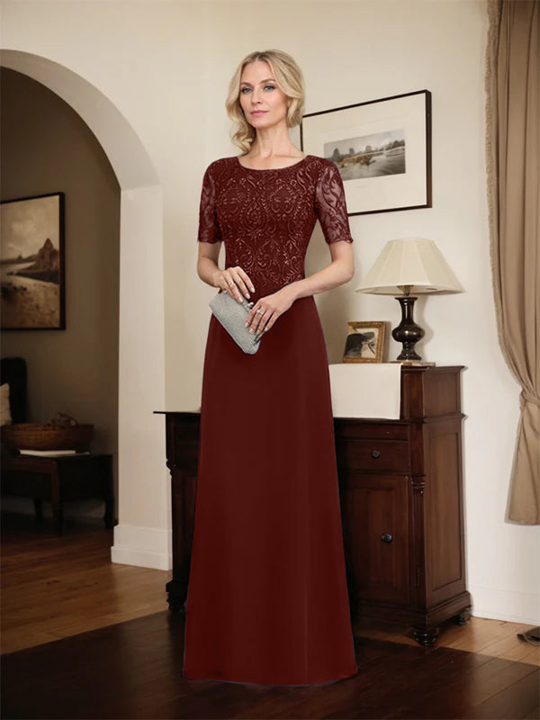 A-line Scoop Floor-Length Lace Chiffon Mother of the Bride Dress With Sequins