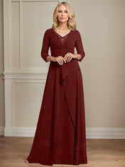 A-line V-Neck Floor-Length Chiffon Mother of the Bride Dress With Pleated Beading