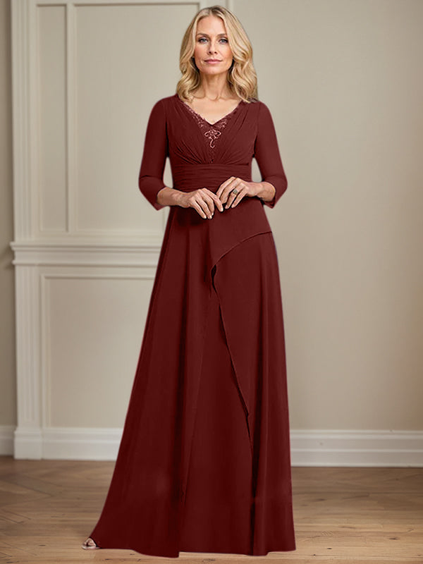 A-line V-Neck Floor-Length Chiffon Mother of the Bride Dress With Pleated Beading