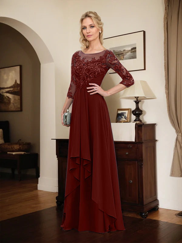 Robe de mère de la mariée trapèze en mousseline de soie et dentelle, longueur au sol, avec volants en cascade 
