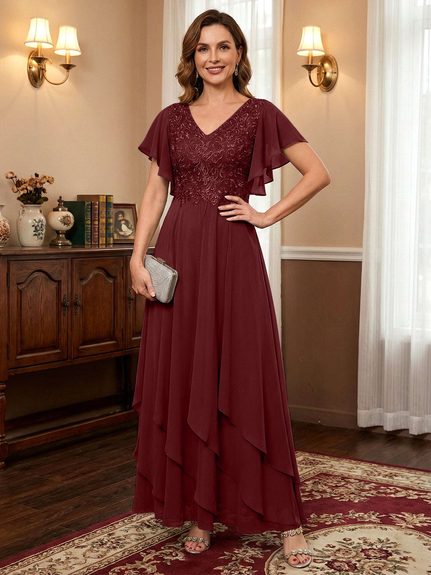 A-line V-Neck Ankle-Length Lace Chiffon Mother of the Bride Dress With Cascading Ruffles