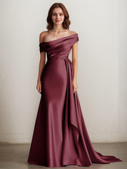 Elegant Champagne Off the Shoulder Long Formal Dress with Side Cape