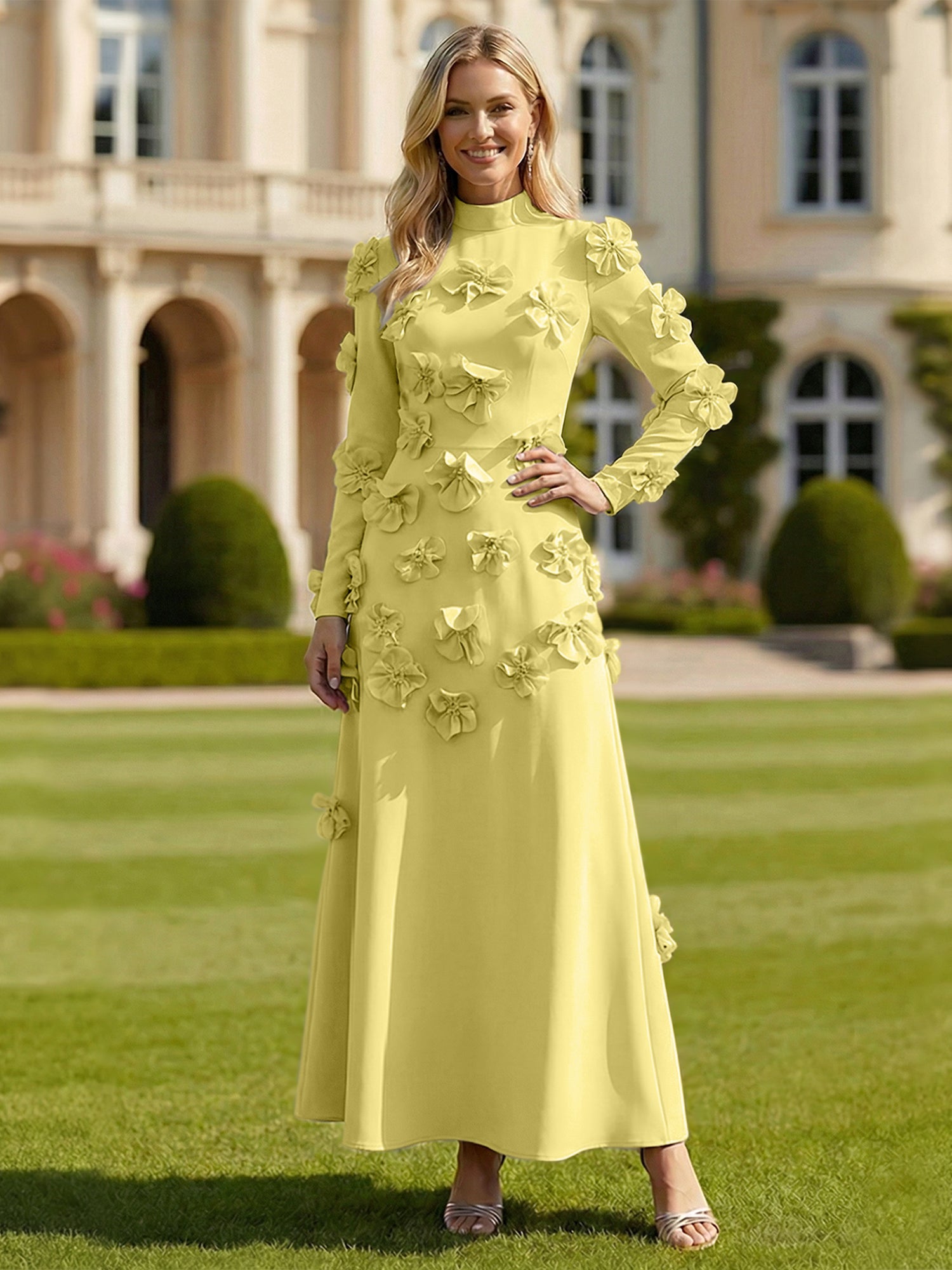 A Line High Neck Long Sleeves Stretch Crepe Dress With 3D Flowers