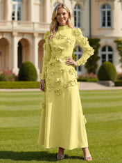 A Line High Neck Long Sleeves Stretch Crepe Dress With 3D Flowers