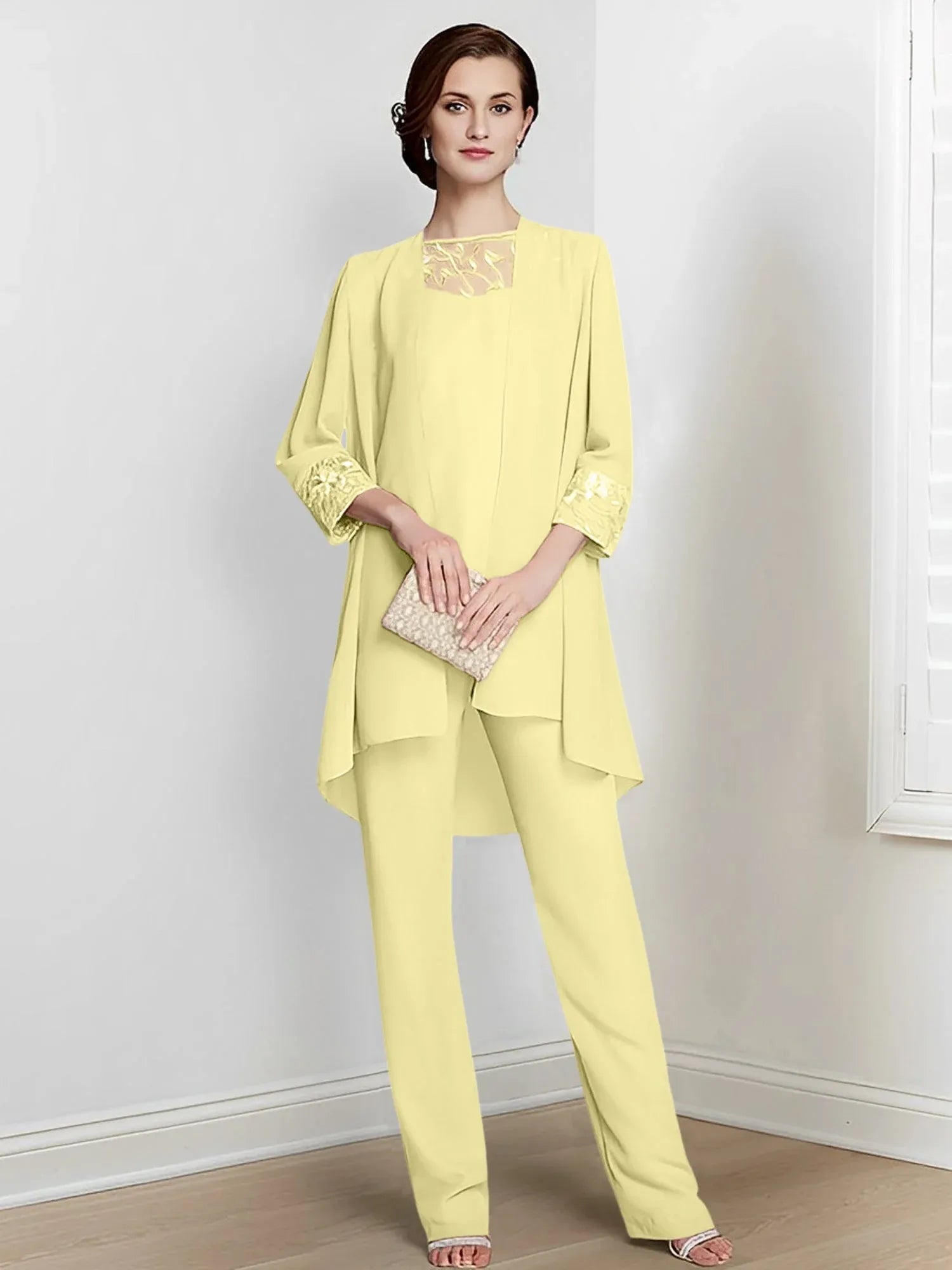 Tailleur-pantalon en mousseline à manches longues pour mère de la mariée avec veste 