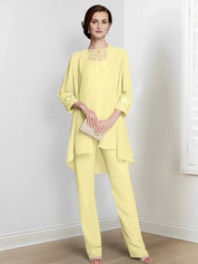Tailleur-pantalon en mousseline à manches longues pour mère de la mariée avec veste 
