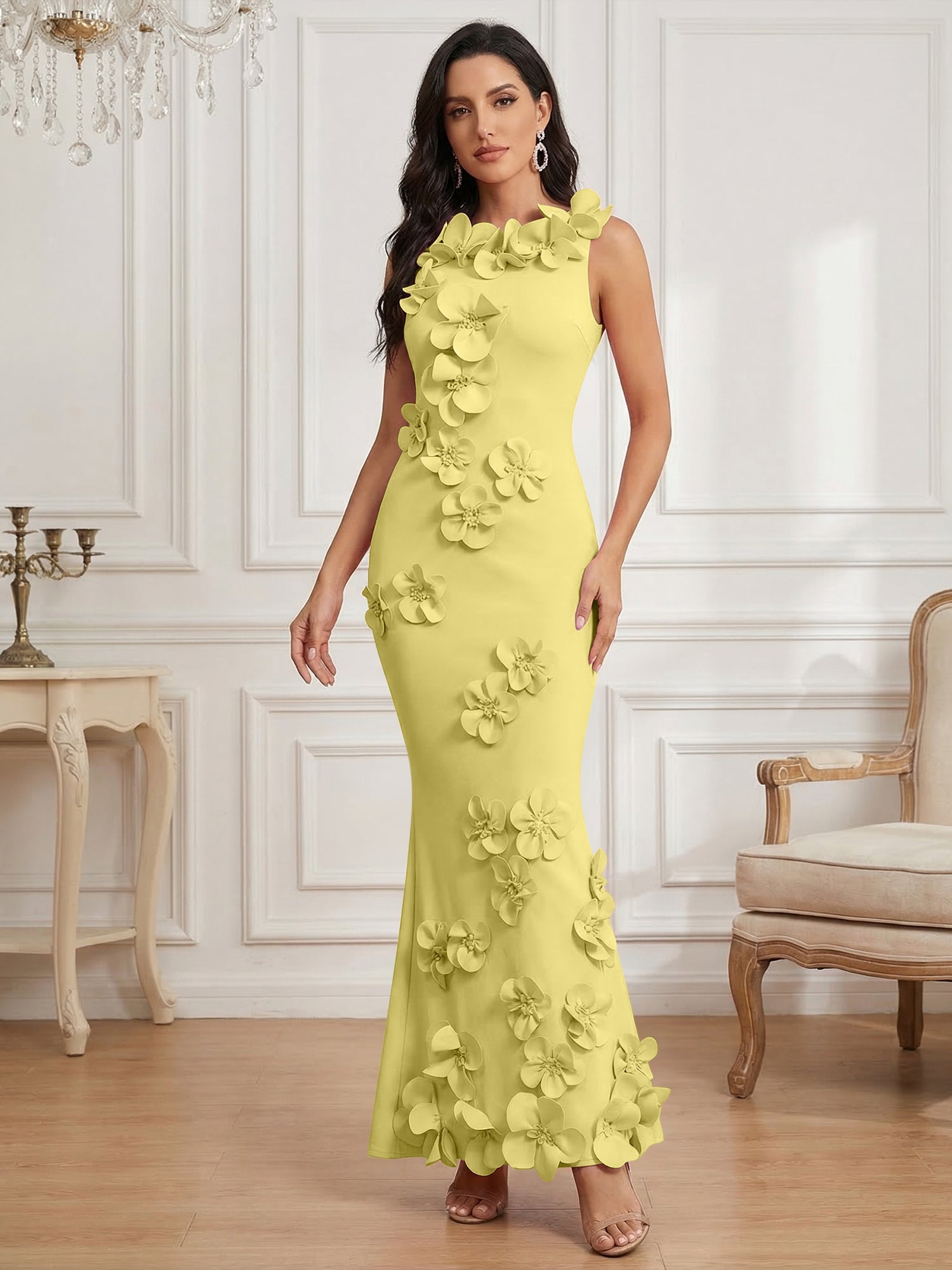 Romantic Pink Sleeveless 3D Floral Mermaid Gown