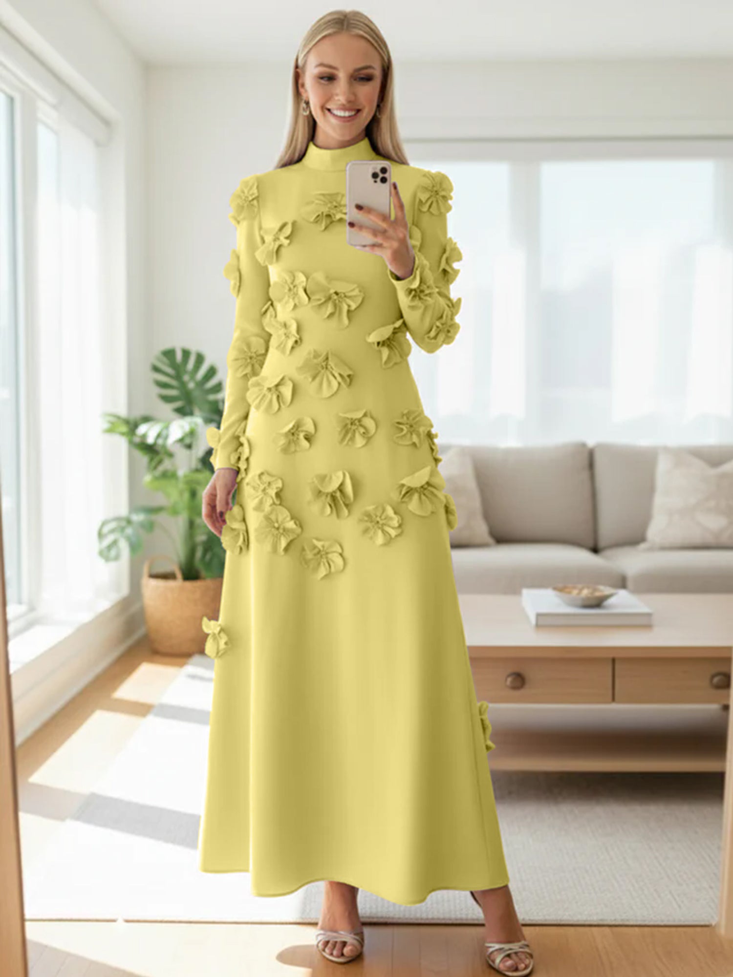 A Line High Neck Long Sleeves Floor Length Stretch Crepe Dress With 3D Flowers