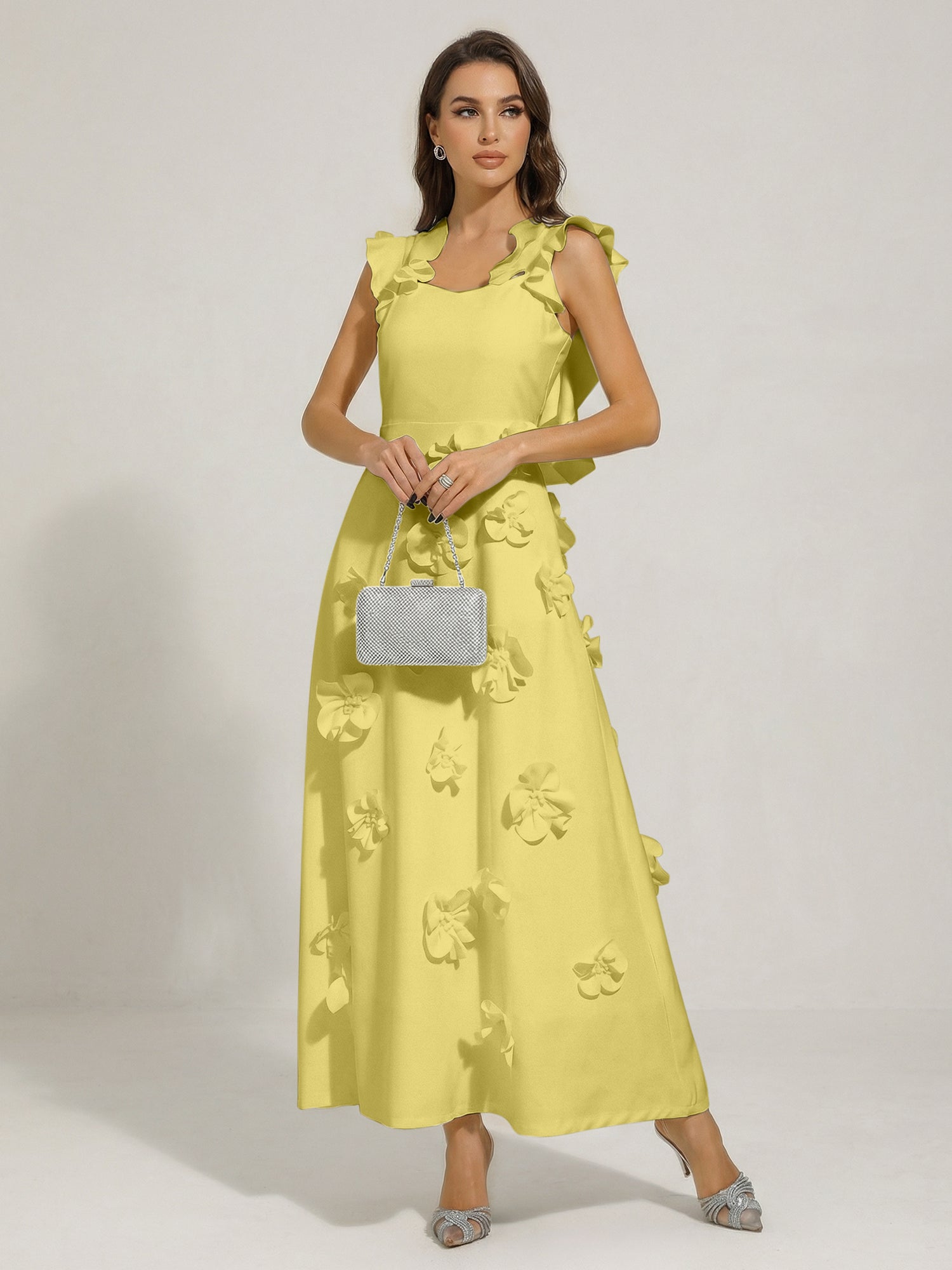 Chic White 3D Flowers A-Line Floor Length Stretch Crepe Dress with Pockets Maxi Dress