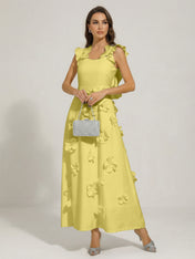 Chic White 3D Flowers A-Line Floor Length Stretch Crepe Dress with Pockets Maxi Dress