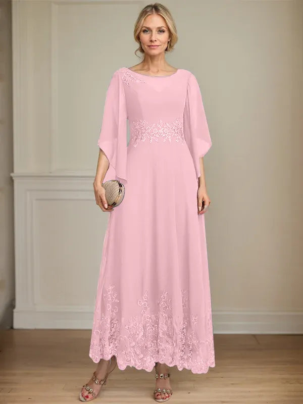 Robe de mère de la mariée trapèze en mousseline de soie et dentelle, longueur cheville, décolleté en V, illusion, avec paillettes 